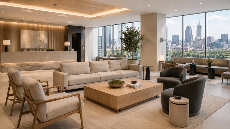 Hotel lobby furniture including seating and tables assembled on site